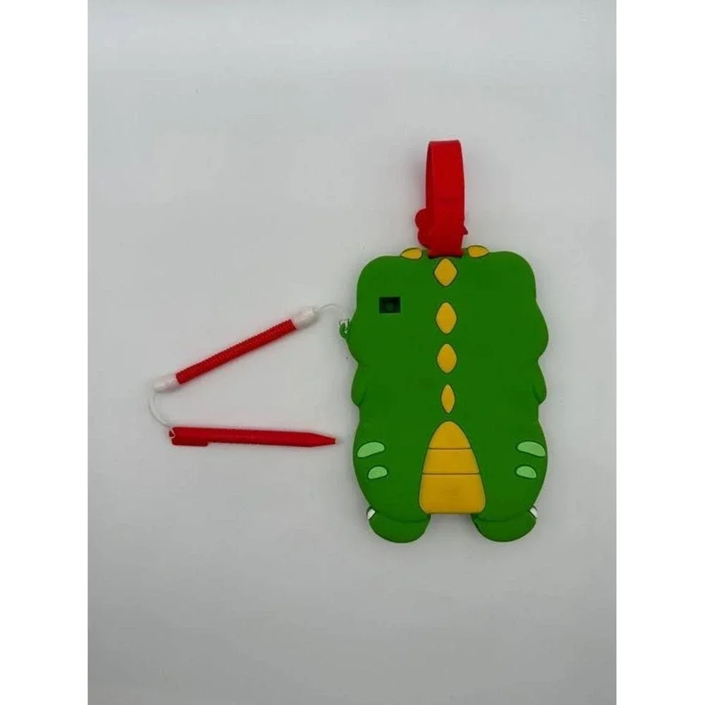 Green Dinosaur Silicone Luggage Tag with Red Stylus Pen and Paw Print Strap